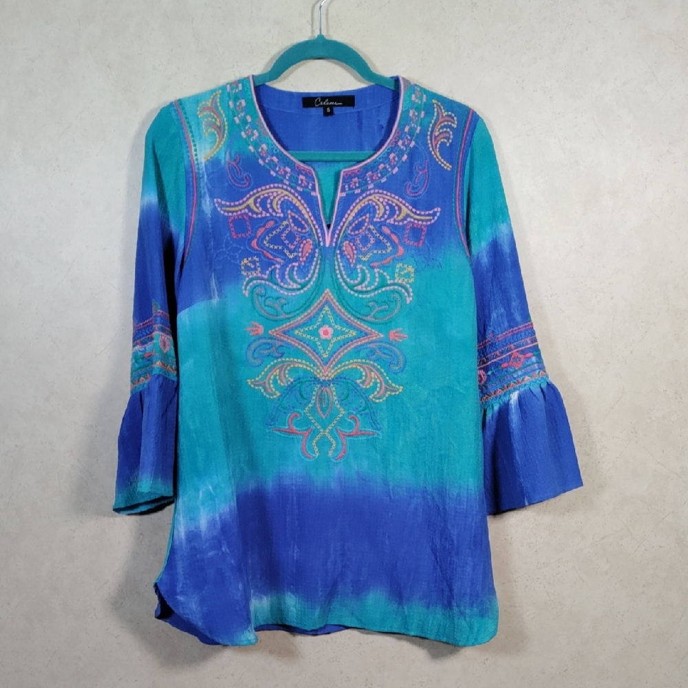 *D128 Calesas blue & green embroidered tunic blouse S CLEARANCE